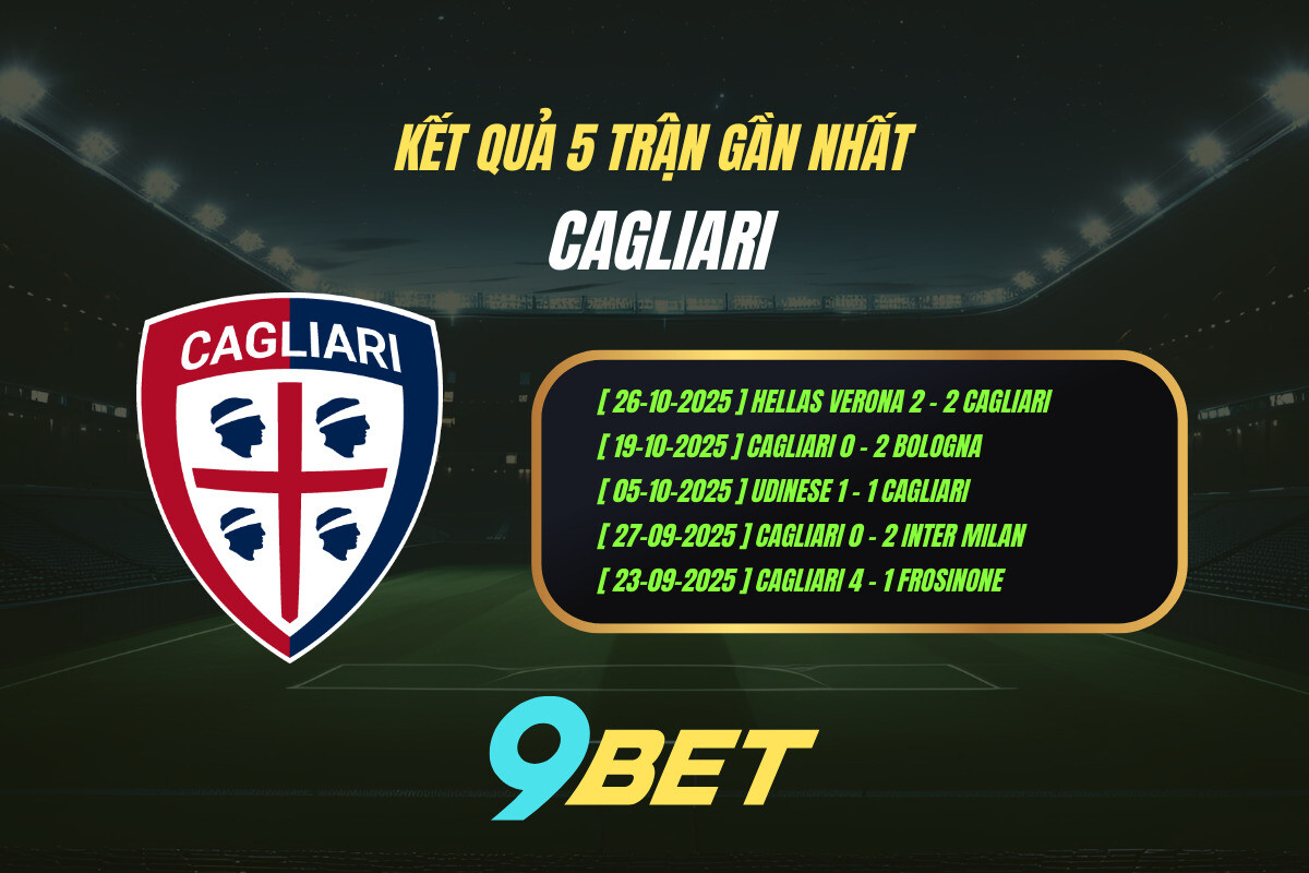 Thành Tích 5 Trận Gần Nhất Cagliari 9bet ( Tính đến 00h30 Ngày 31 10)