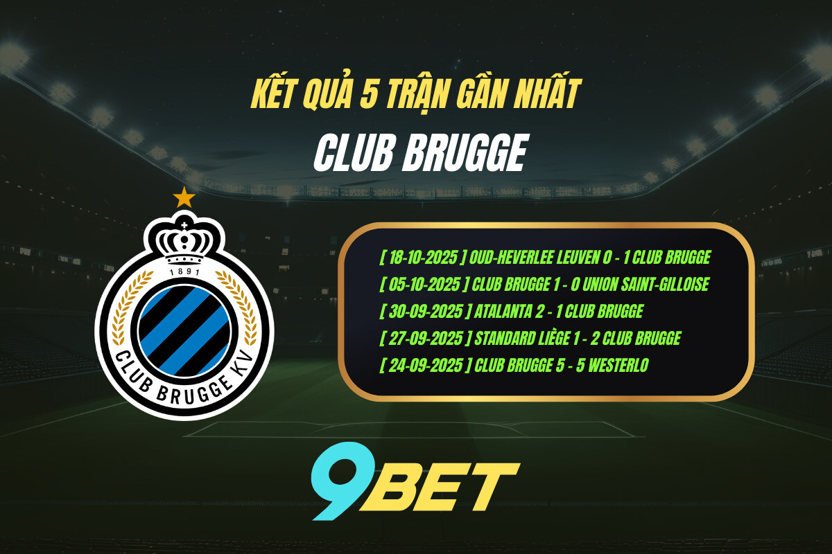 Thành Tích 5 Trận Gần Nhất Club Brugge 9bet ( Tính đến 02h00 Ngày 23 10)