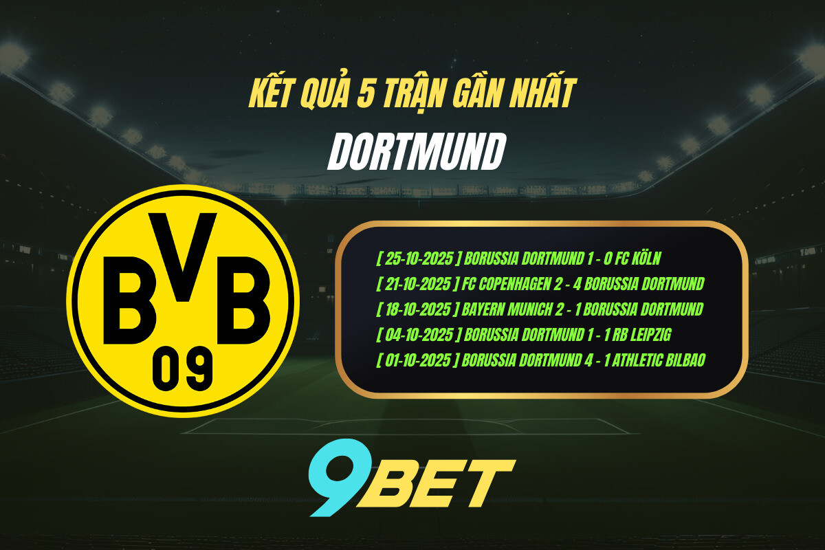 Thành Tích 5 Trận Gần Nhất Dortmund 9bet ( Tính đến 00h30 Ngày 29 10)