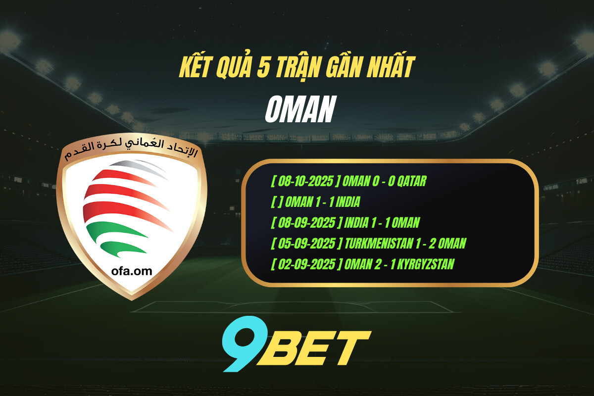 Kết quả 5 trận gần nhất Oman - 9BET