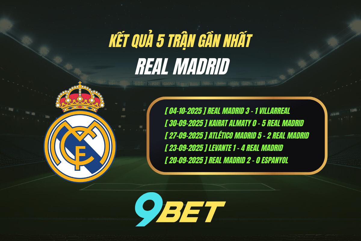 Thành Tích 5 Trận Gần Nhất Real Madrid 9bet ( Tính đến 02h00 Ngày 20 10)