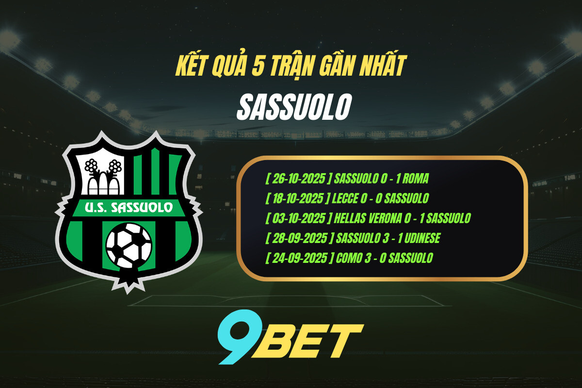 Thành Tích 5 Trận Gần Nhất Sassuolo 9bet ( Tính đến 00h30 Ngày 31 10)