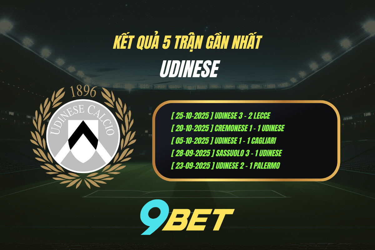 Thành Tích 5 Trận Gần Nhất Udinese 9bet ( Tính đến 00h30 Ngày 30 10)