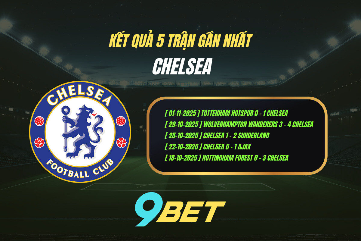 Thành Tích 5 Trận Gần Nhất Chelsea 9bet ( Tính đến 00h45 Ngày 6 11)