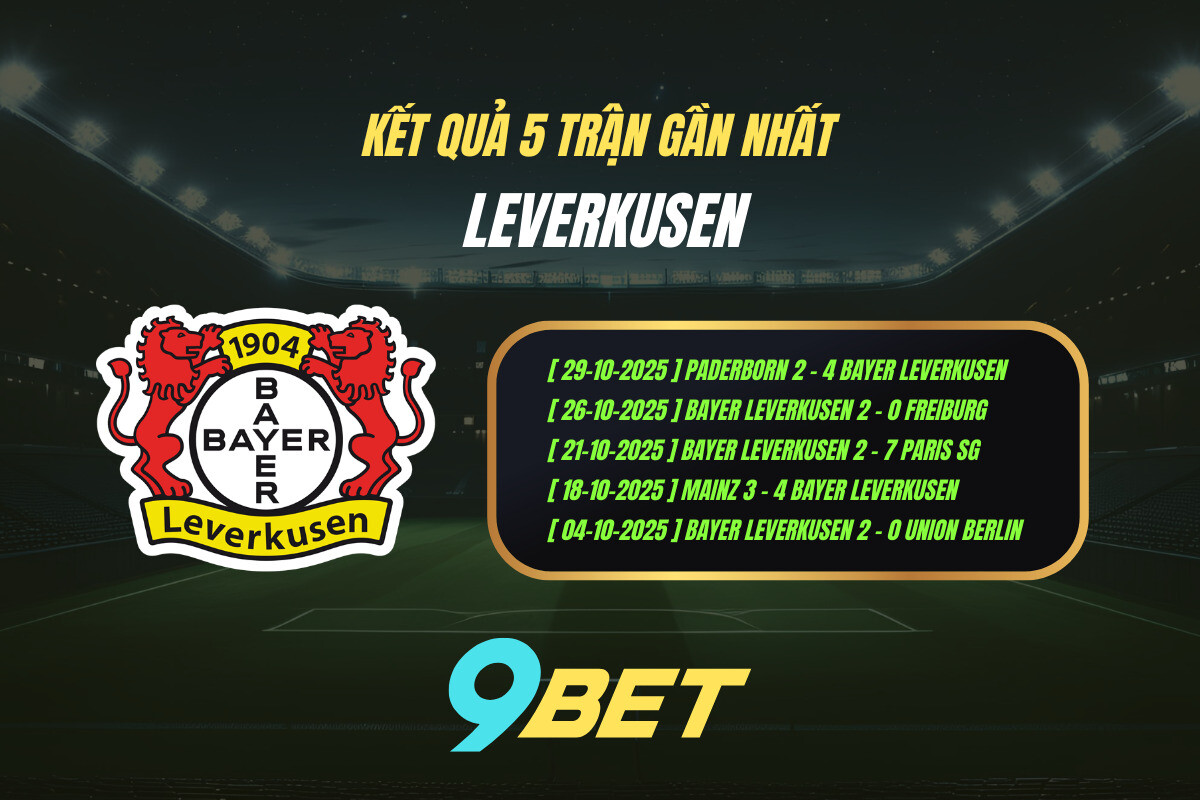 Kết quả 5 trận gần nhất Leverkusen - 9BET